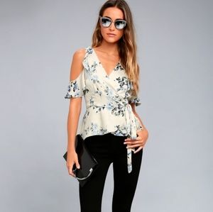 Lulus White and Blue Floral Print Off Shoulder Wrap Top Size M